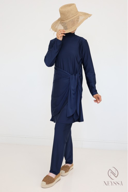 Blauer Burkini mit langer Tunika und Hose, Hijabi-Badeanzug