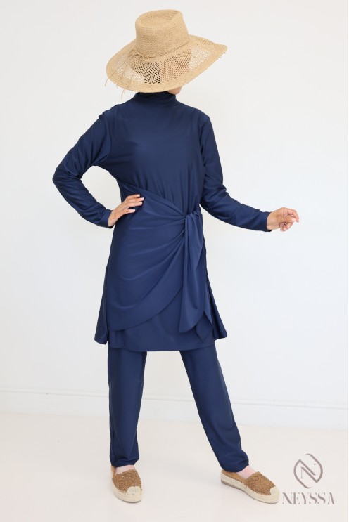 Blue burkini with long tunic and pants, hijabi swimwear