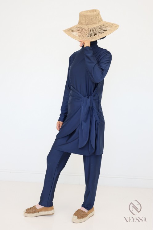 Burkini bleu avec tunique longue et pantalon, tenue de bain hijabi