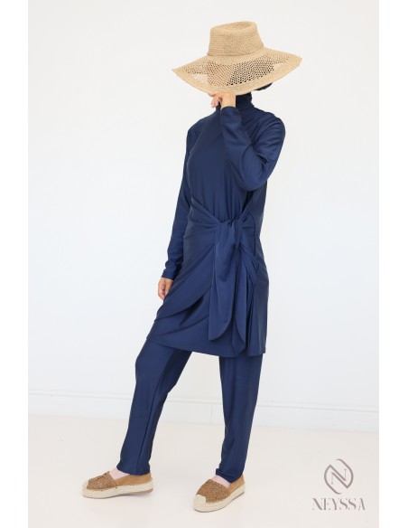 Burkini bleu avec tunique longue et pantalon, tenue de bain hijabi