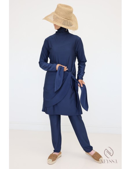 Burkini bleu avec tunique longue et pantalon, tenue de bain hijabi