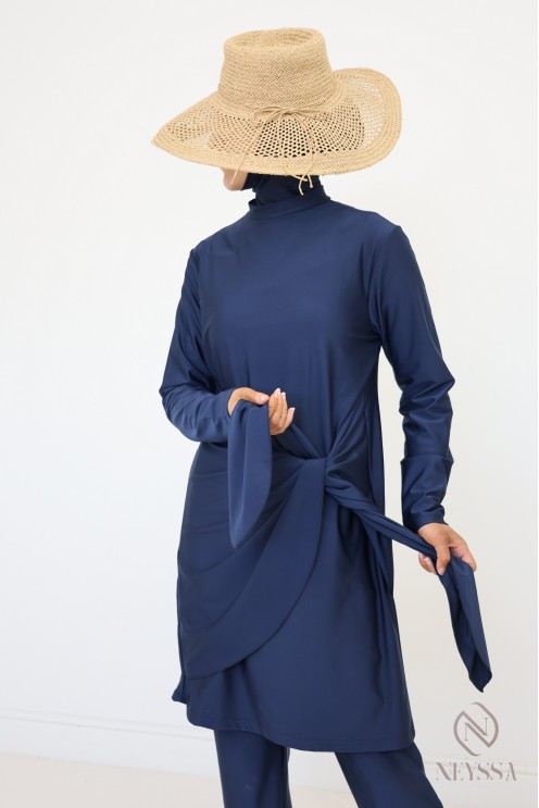 Burkini bleu avec tunique longue et pantalon, tenue de bain hijabi