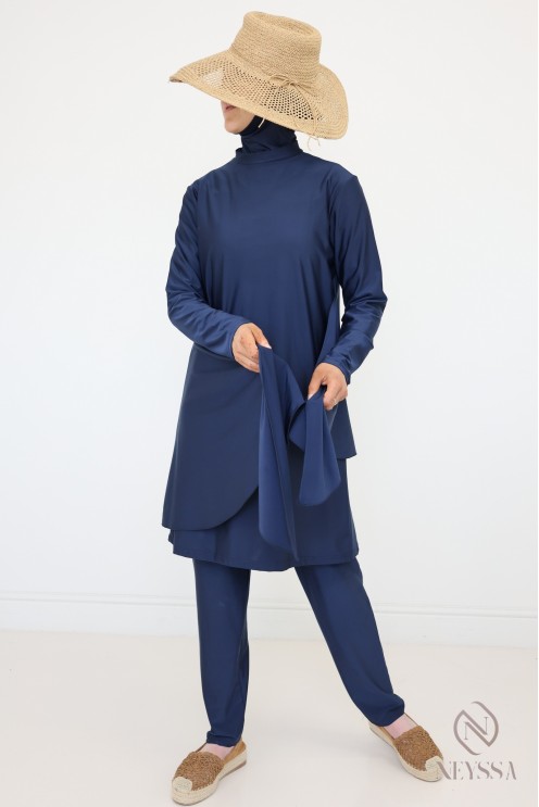 Blauer Burkini mit langer Tunika und Hose, Hijabi-Badeanzug