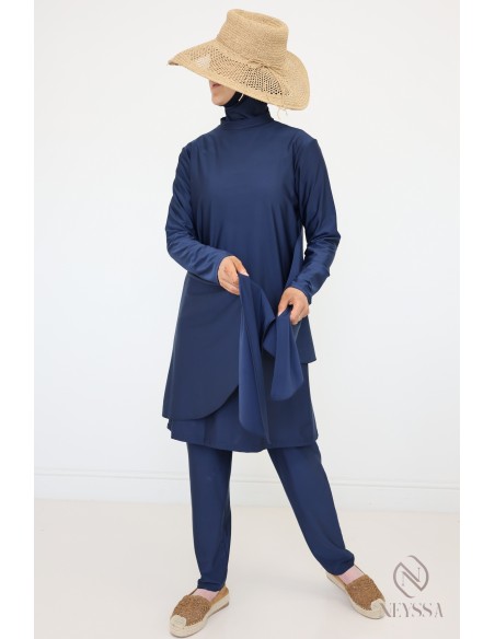 Blauer Burkini mit langer Tunika und Hose, Hijabi-Badeanzug