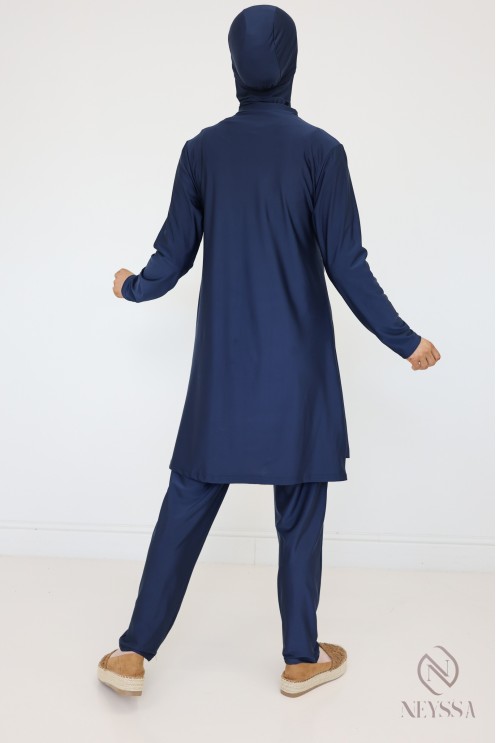Blauer Burkini mit langer Tunika und Hose, Hijabi-Badeanzug