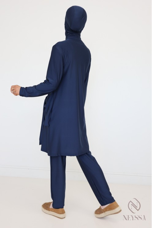 Burkini bleu avec tunique longue et pantalon, tenue de bain hijabi