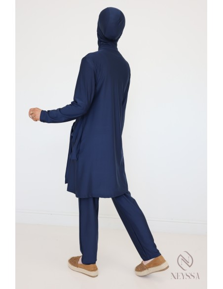 Blauer Burkini mit langer Tunika und Hose, Hijabi-Badeanzug