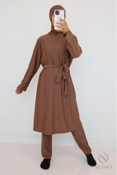 Burkini Noisette long pour femme hijabi, tenue de bain modestes