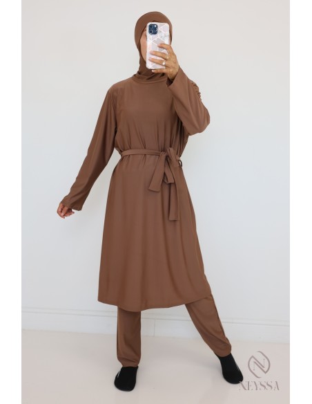Burkini Noisette long pour femme hijabi, tenue de bain modestes