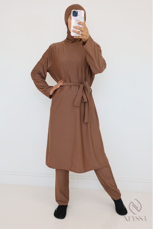 Burkini Noisette long pour femme hijabi, tenue de bain modestes