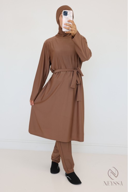 Burkini Noisette long pour femme hijabi, tenue de bain modestes