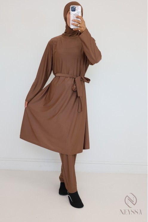 Burkini Noisette long pour femme hijabi, tenue de bain modestes