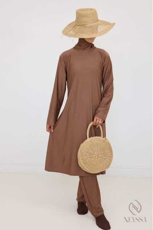 Burkini Noisette long pour femme hijabi, tenue de bain modestes