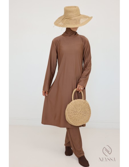 Burkini Noisette long pour femme hijabi, tenue de bain modestes
