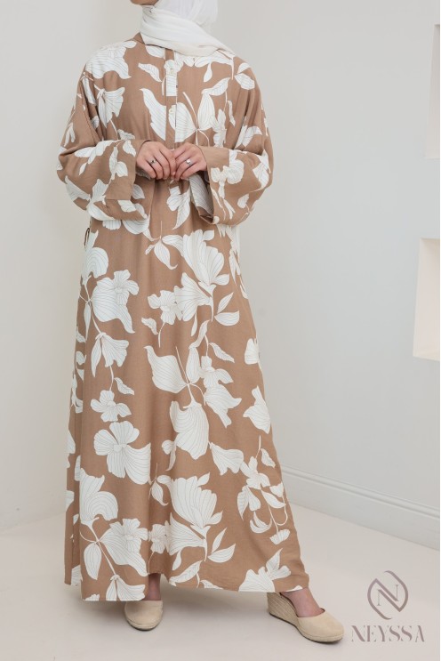 Robe longue effet lin à motifs floraux, coupe ample modeste
