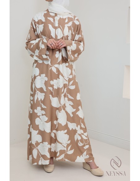 Robe longue effet lin à motifs floraux, coupe ample modeste