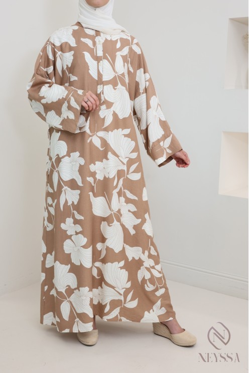 Floral linen-effect maxi dress, modest loose fit