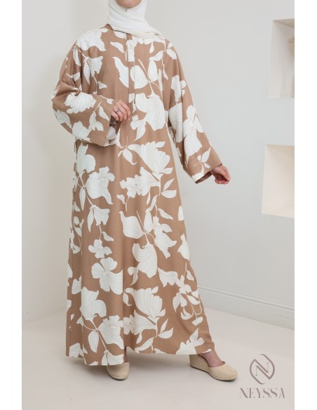Robe longue effet lin à motifs floraux, coupe ample modeste