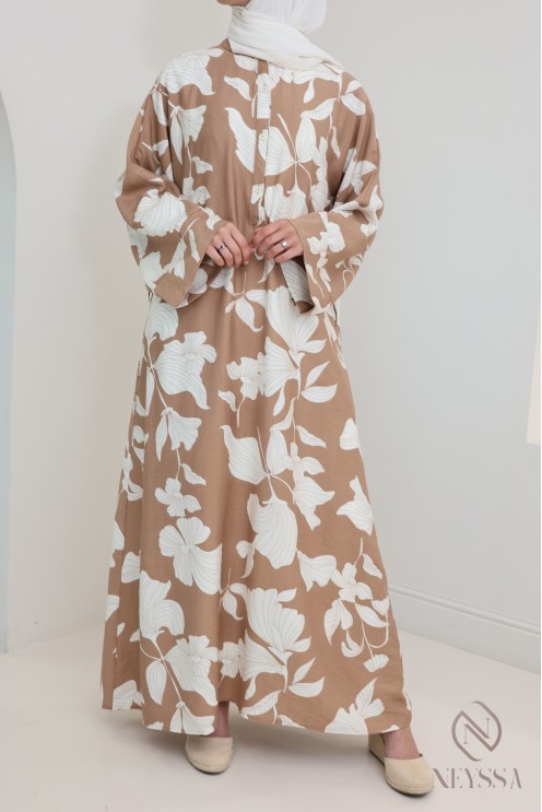 Robe longue effet lin à motifs floraux, coupe ample modeste