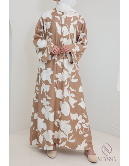 Langes Kleid in Leinenoptik mit Blumenmuster, lockerer Schnitt