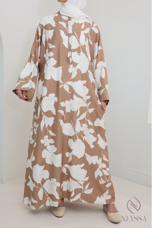 Robe longue effet lin à motifs floraux, coupe ample modeste