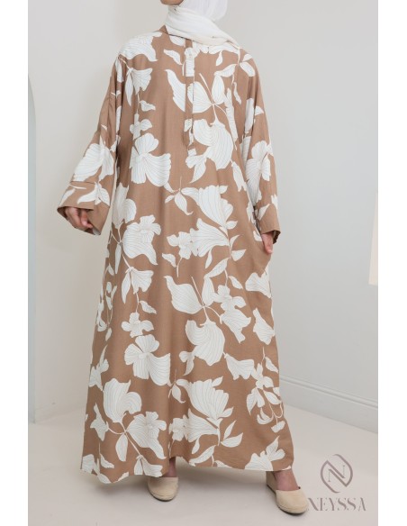 Robe longue effet lin à motifs floraux, coupe ample modeste