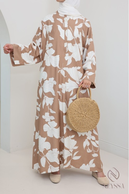 Langes Kleid in Leinenoptik mit Blumenmuster, lockerer Schnitt