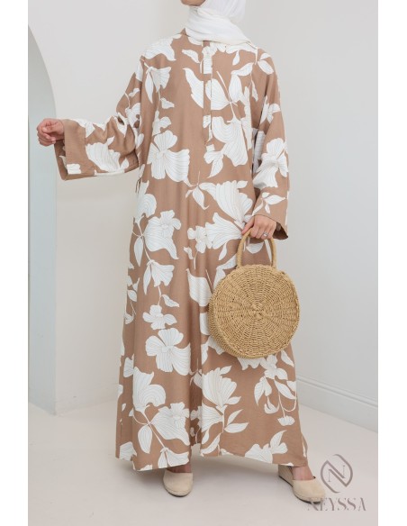 Langes Kleid in Leinenoptik mit Blumenmuster, lockerer Schnitt