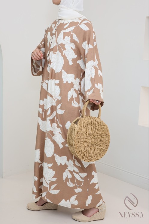 Robe longue effet lin à motifs floraux, coupe ample modeste