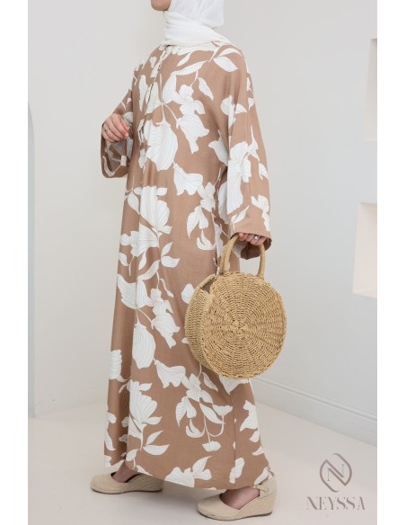 Robe longue effet lin à motifs floraux, coupe ample modeste