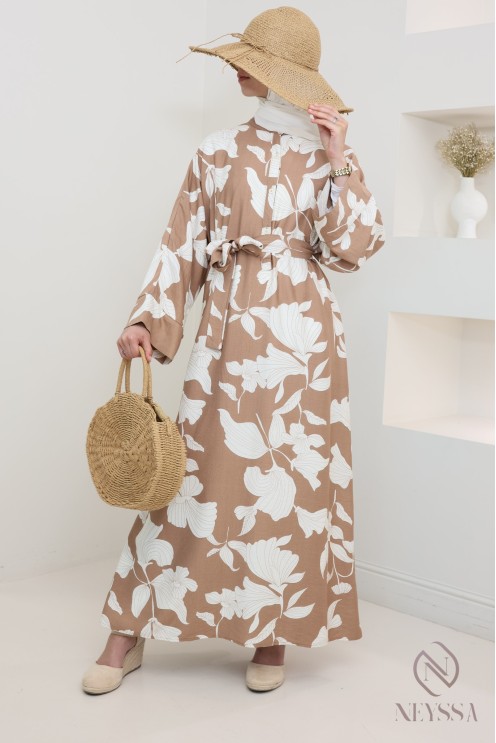 Robe longue effet lin à motifs floraux, coupe ample modeste