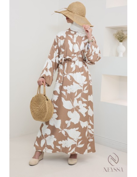 Langes Kleid in Leinenoptik mit Blumenmuster, lockerer Schnitt