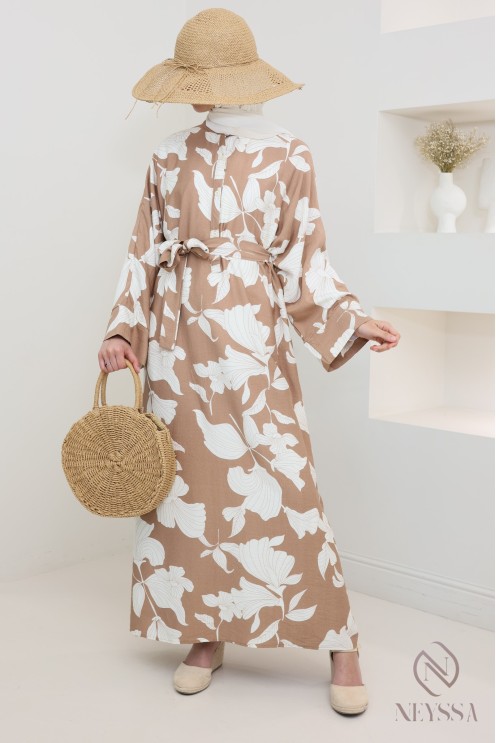 Floral linen-effect maxi dress, modest loose fit