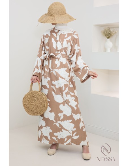 Langes Kleid in Leinenoptik mit Blumenmuster, lockerer Schnitt