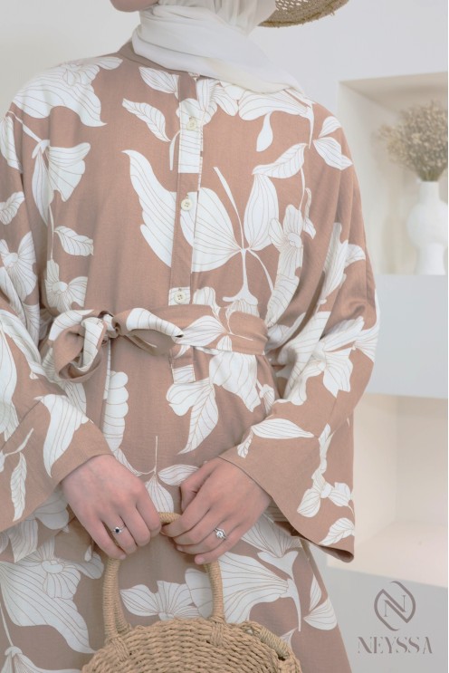 Floral linen-effect maxi dress, modest loose fit