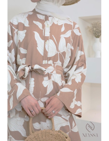 Langes Kleid in Leinenoptik mit Blumenmuster, lockerer Schnitt