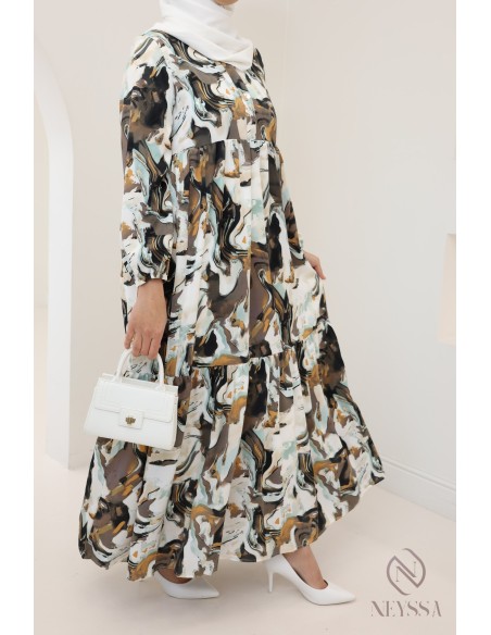 Langes Satin-Kleid mit trendigen Drucken, leicht fließender Stoff.