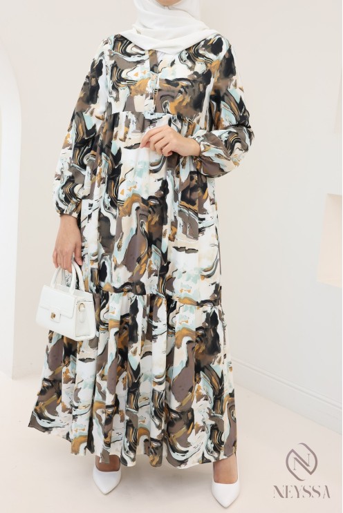 Long satin dress with trendy prints, light fluid fabric