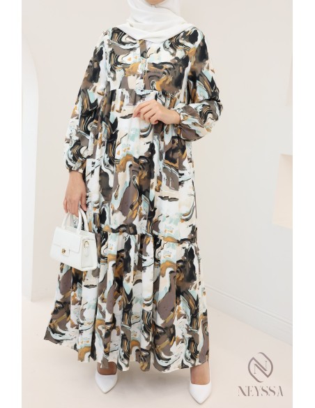 Langes Satin-Kleid mit trendigen Drucken, leicht fließender Stoff.