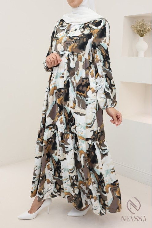 Long satin dress with trendy prints, light fluid fabric