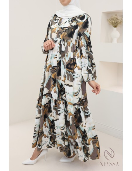 Longue robe satinée à imprimés tendances, tissu fluide léger