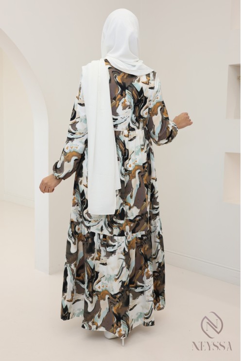 Langes Satin-Kleid mit trendigen Drucken, leicht fließender Stoff.