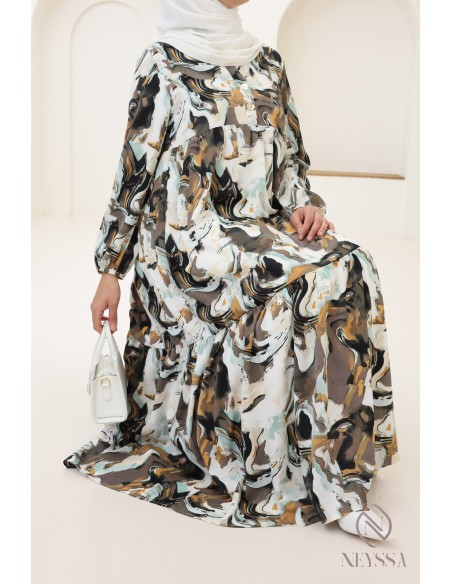 Langes Satin-Kleid mit trendigen Drucken, leicht fließender Stoff.