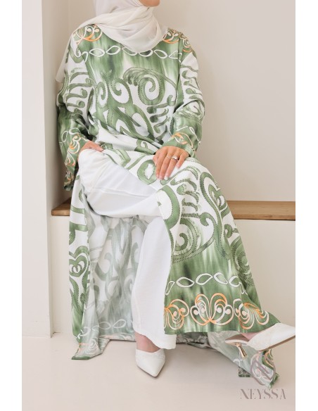 Set aus langer,geschlitzter Tunika mit Palazzo Leinenoptik Frau Hijabi