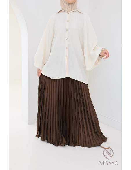 long pleated satin flared modest style hijabi outfit