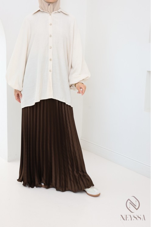 long pleated satin flared modest style hijabi outfit