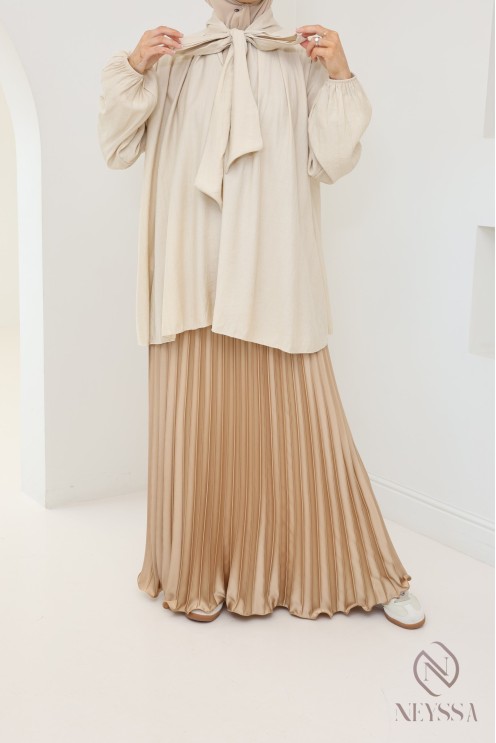 long pleated satin flared modest style hijabi outfit