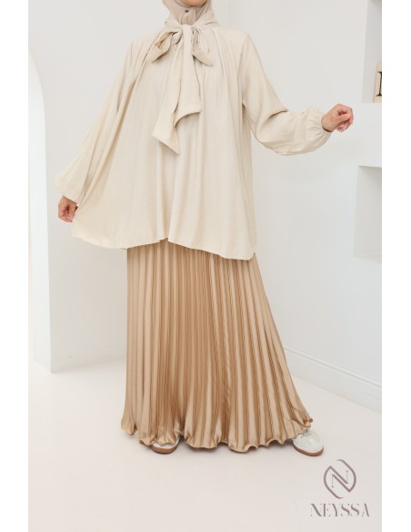 long pleated satin flared modest style hijabi outfit