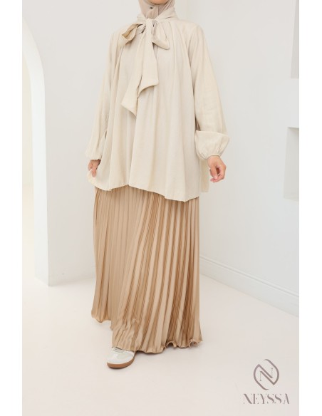 long pleated satin flared modest style hijabi outfit