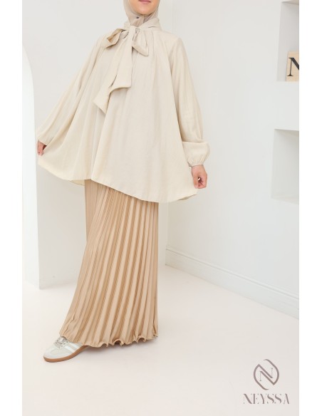 long pleated satin flared modest style hijabi outfit